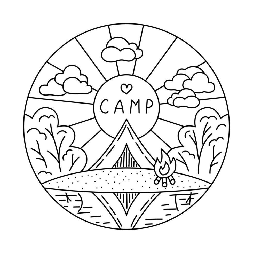 Camping patch in line art style. Tent and fire. Black outline on white background. Nature and travel concept. illustration. vector