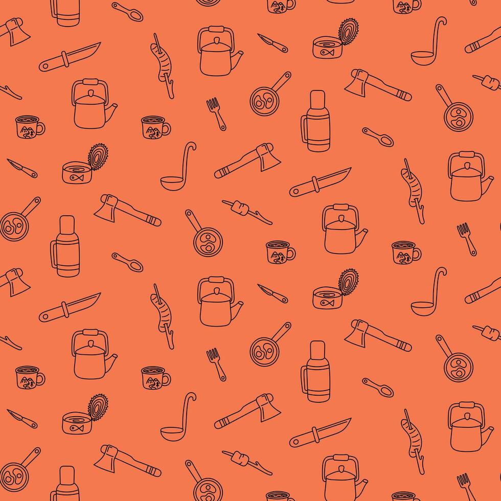 Seamless pattern food and utensils for camping. illustration in doodle style. Concept of camping food and cooking in nature. For backgrounds, textiles, wallpapers, printing. vector