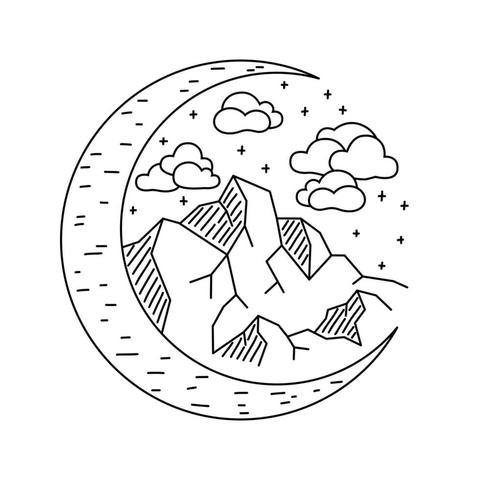 Mountain and moon patch in line art style. For printing on mugs and T-shirts. Black outline on white background. Nature and travel concept. illustration. vector