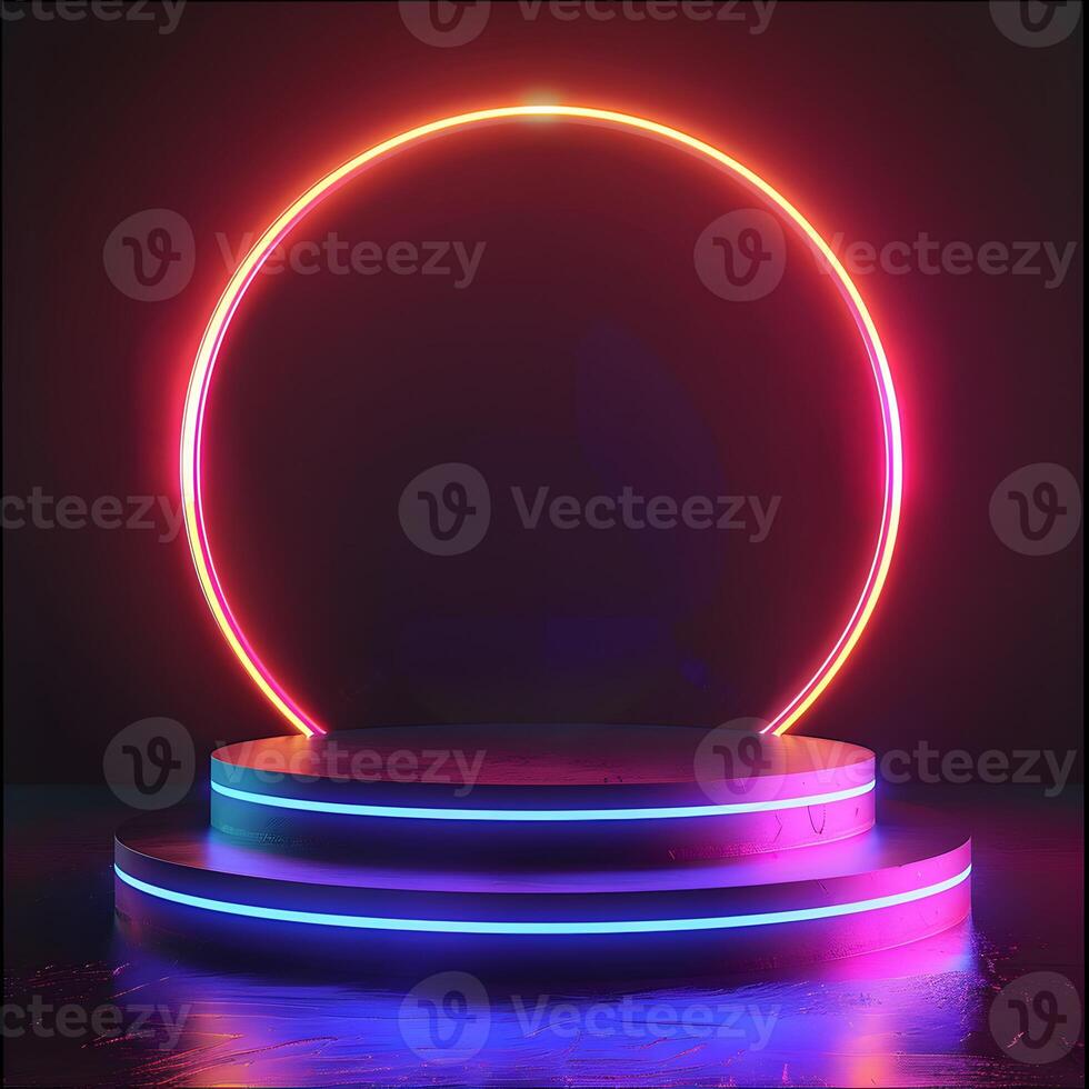 Empty two tiered podium with glow neon circle on dark background. Abstract illustration colorful ring with free space photo