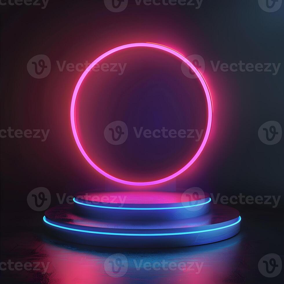 Empty podium with glow neon circle on dark background. Abstract illustration colorful ring with free space for product placement photo