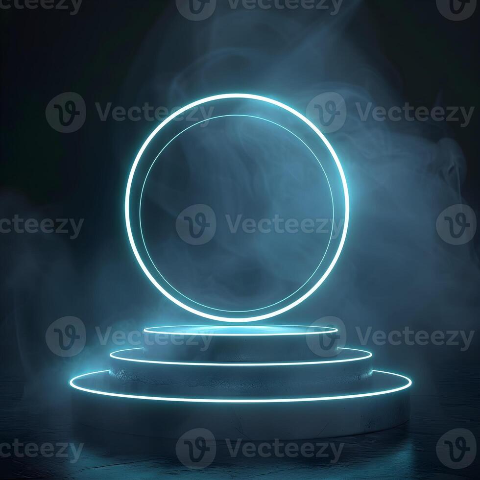 Empty podium with blue glow neon circle on dark background. Abstract illustration colorful ring with free space photo