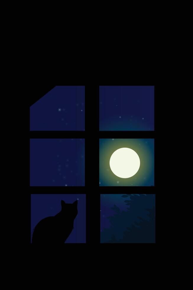 A black cat sitting near window at night vector