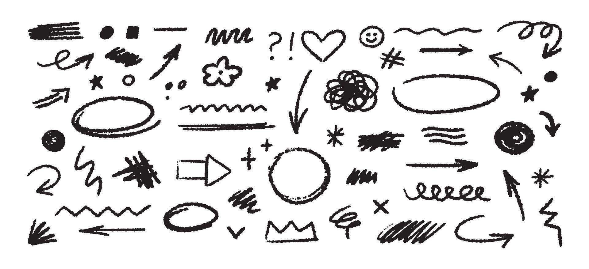 Collection of hand drawn simple decorative elements. Doodle shapes and squiggles in grunge style. vector
