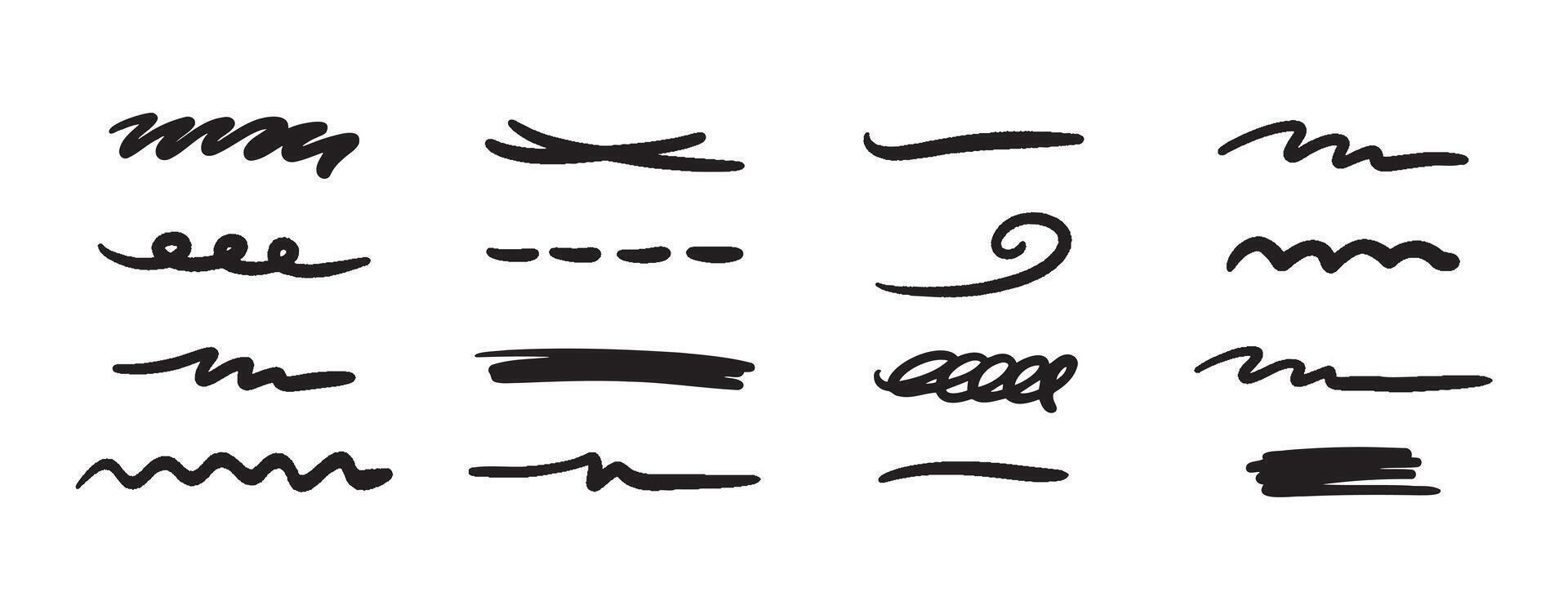 Doodle brush underlines set. Black line sketches with pen marks. Hand drawn elements on white background. vector