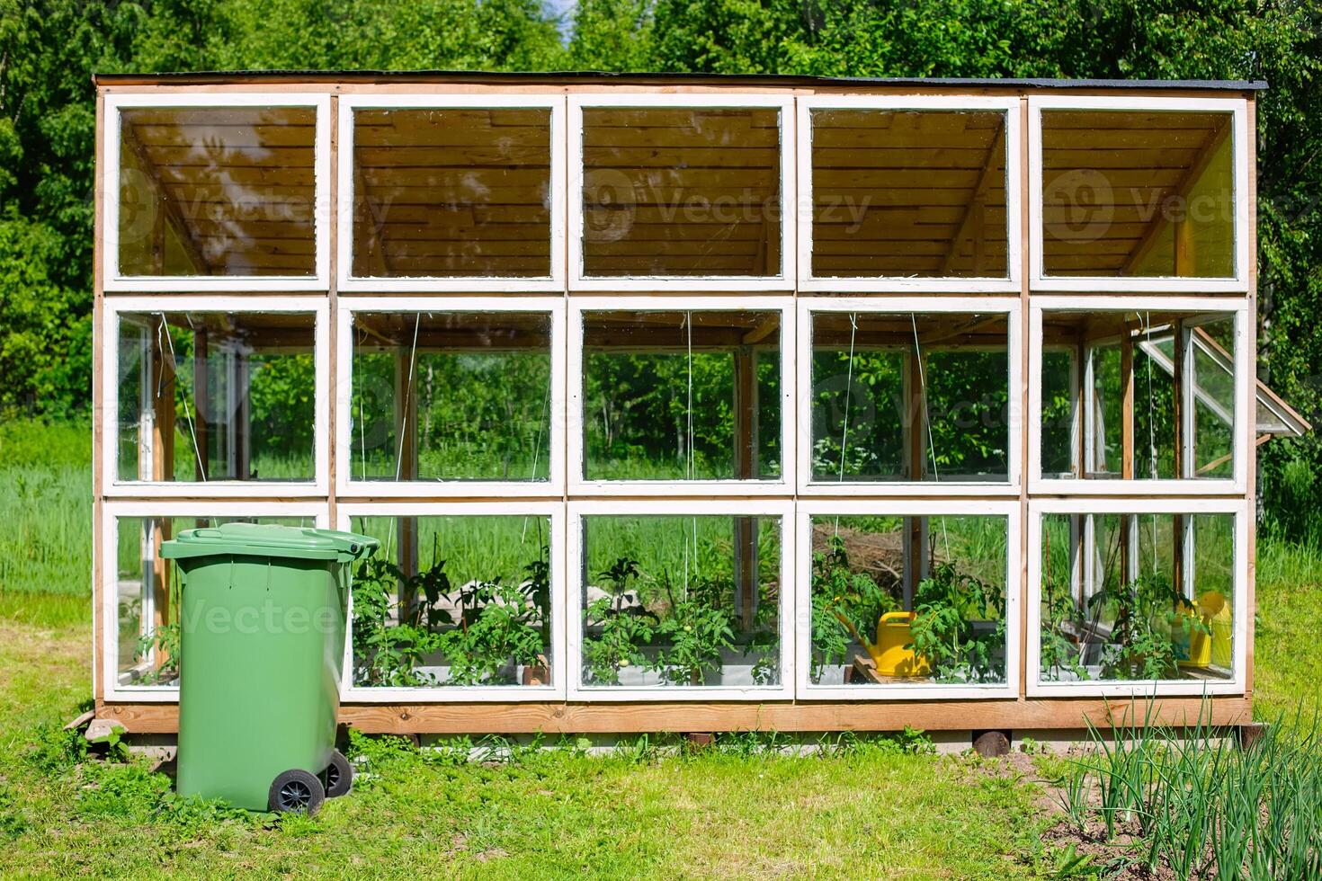 Wooden homemade vegetable greenhouse with organic plants photo