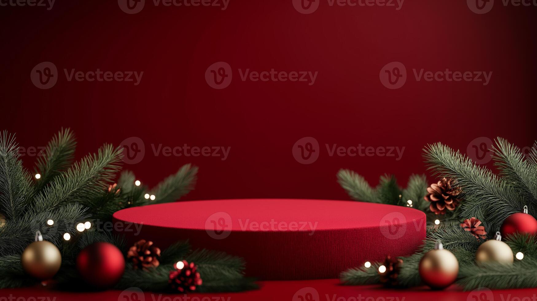 A snowy Christmas themed podium with a red velvet surface, surrounded by pine branches, ornaments, and twinkling fairy lights photo