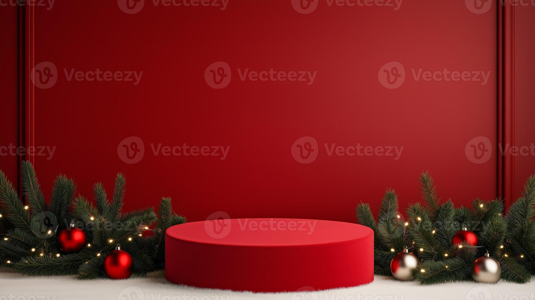 A snowy Christmas themed podium with a red velvet surface, surrounded by pine branches, ornaments, and twinkling fairy lights photo