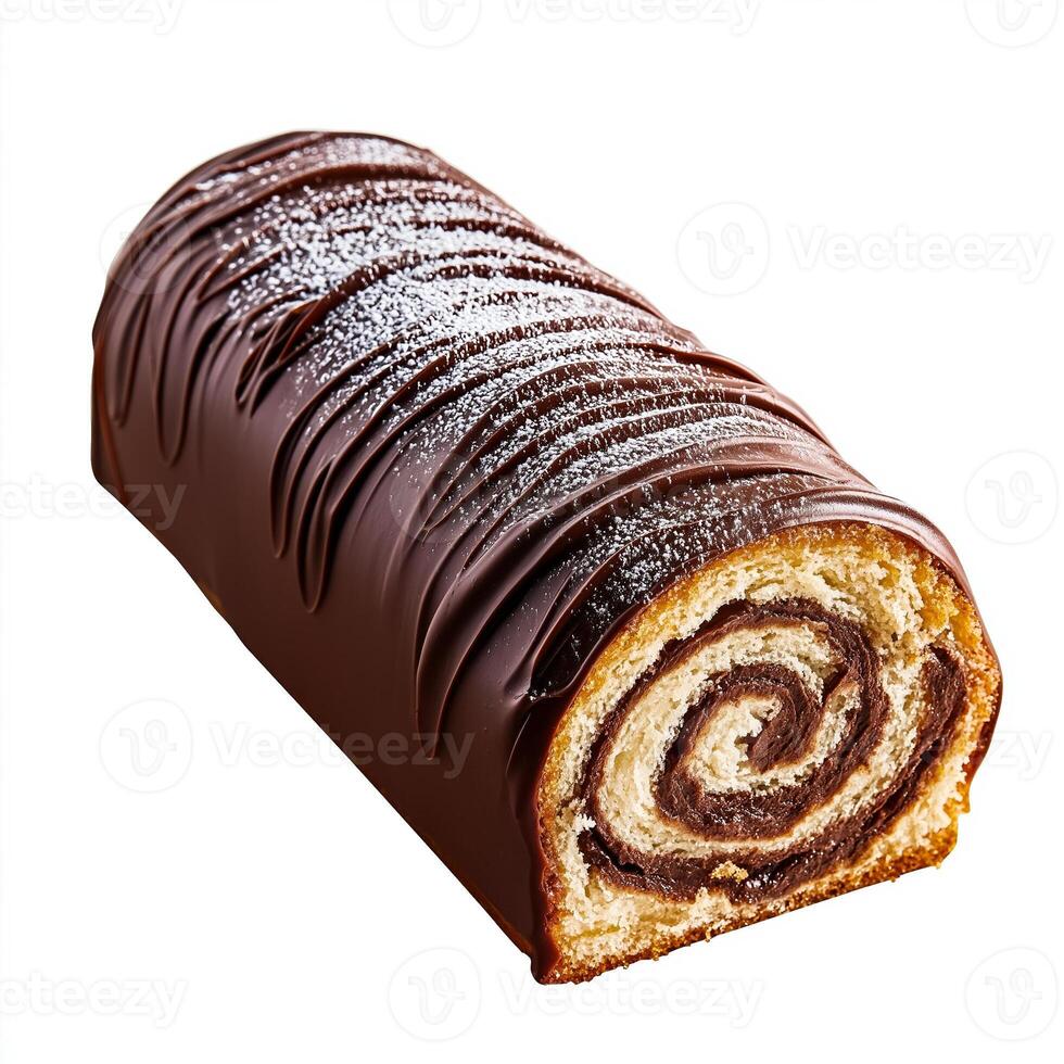 Classic Christmas yule log cake with chocolate frosting and powdered sugar, isolated on white background, top view photo
