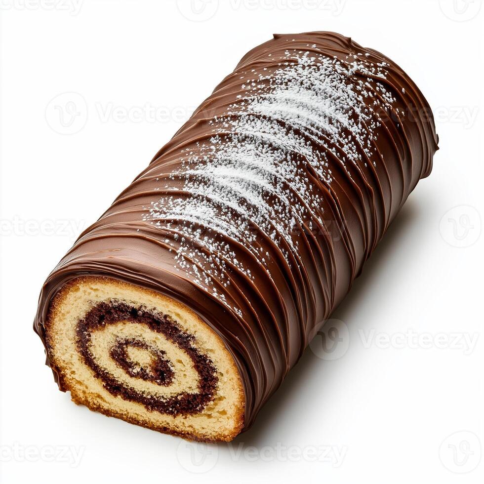 Classic Christmas yule log cake with chocolate frosting and powdered sugar, isolated on white background, top view photo