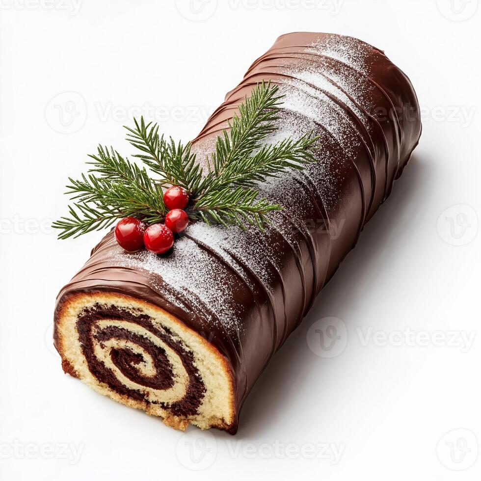 Classic Christmas yule log cake with chocolate frosting and powdered sugar, isolated on white background, top view photo