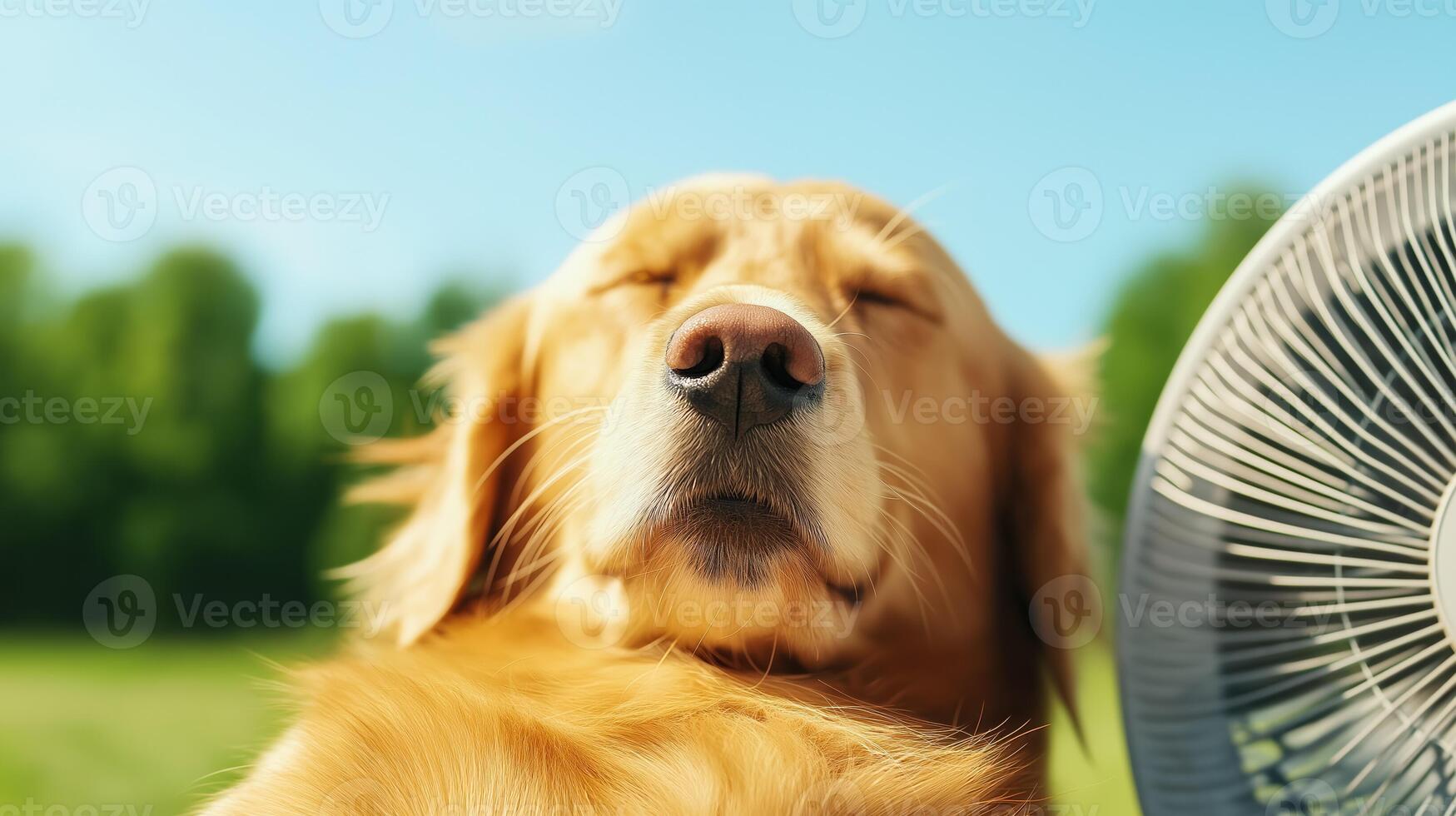 Dog lying on its back with a fan blowing on its belly, eyes half closed, capturing a humorous and refreshing summer scene photo