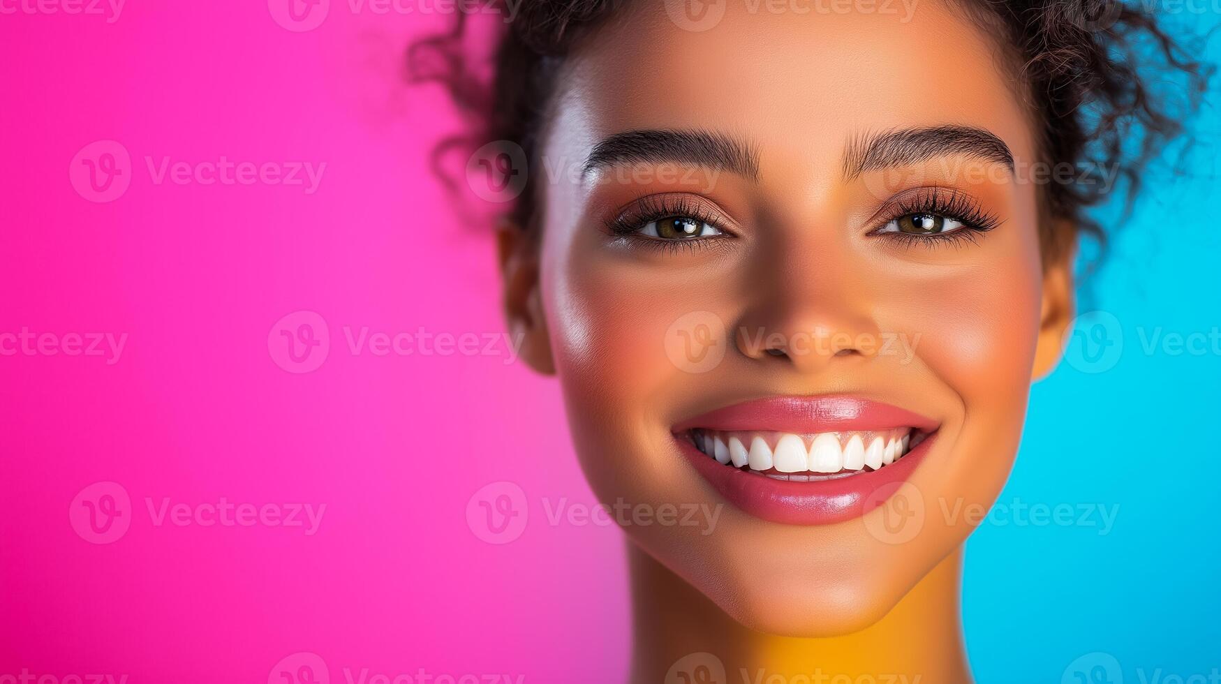 Closeup of a smiling female model, neon colors on a luxury Black Friday gradient background photo