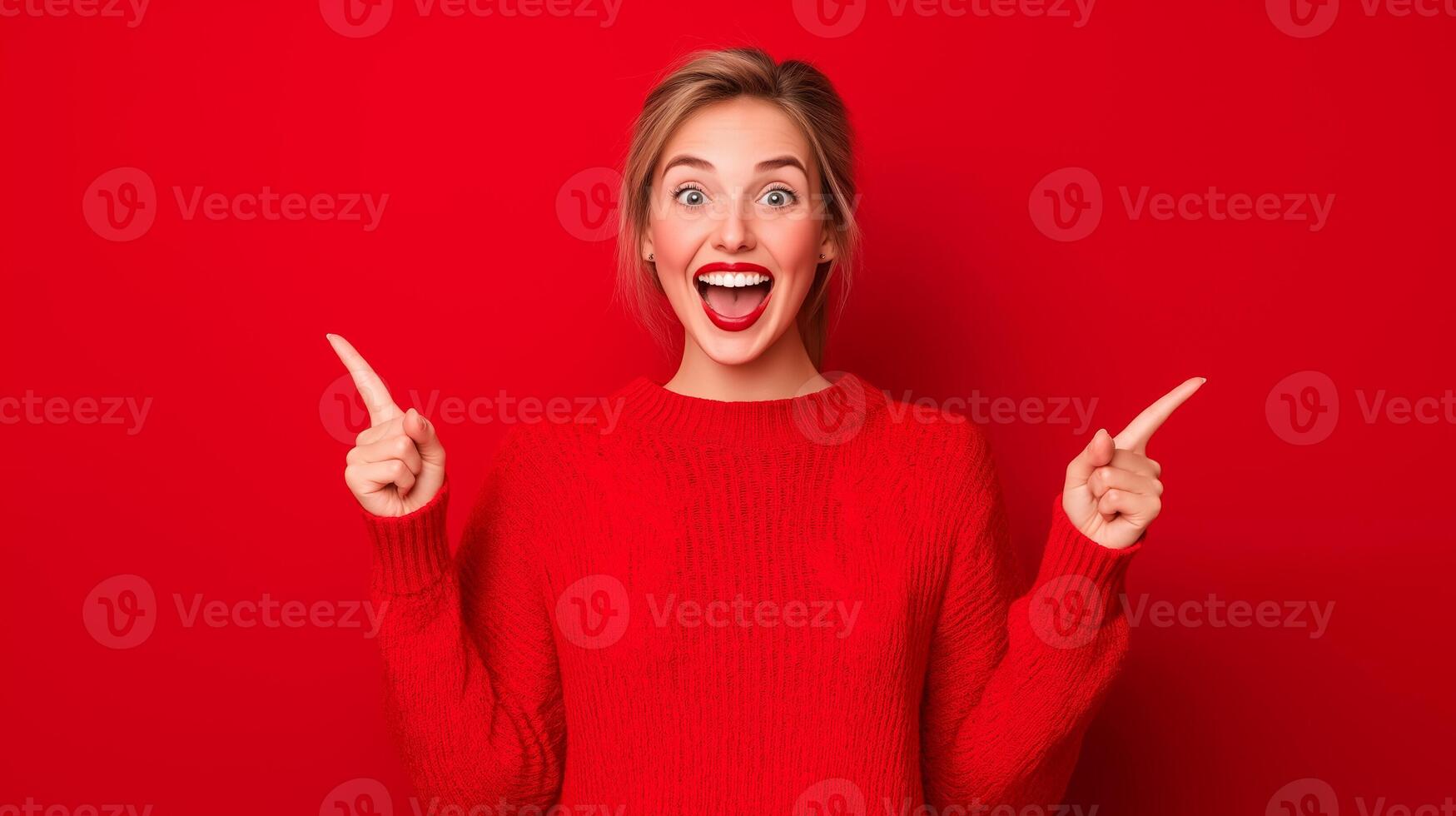 Excited female model pointing to a Black Friday sale sign, shimmering black and red gradient background photo