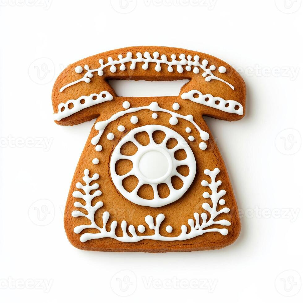 Gingerbread cookie shaped like a classic telephone with a rotary dial, detailed with icing, isolated on white, top view photo