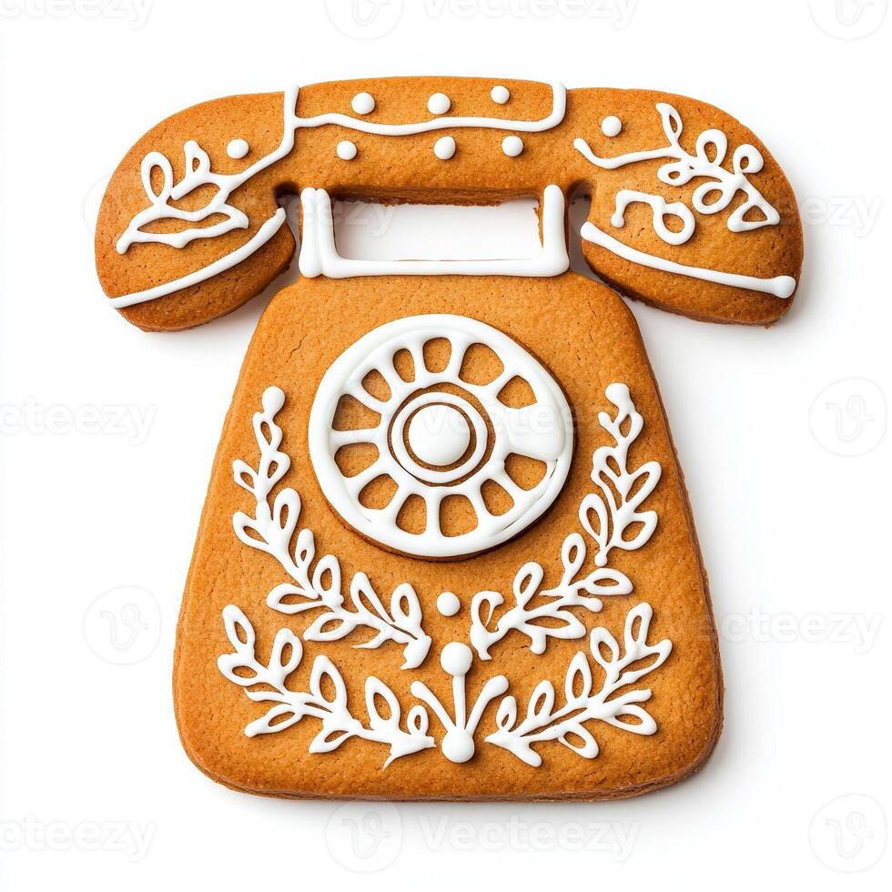 Gingerbread cookie shaped like a classic telephone with a rotary dial, detailed with icing, isolated on white, top view photo