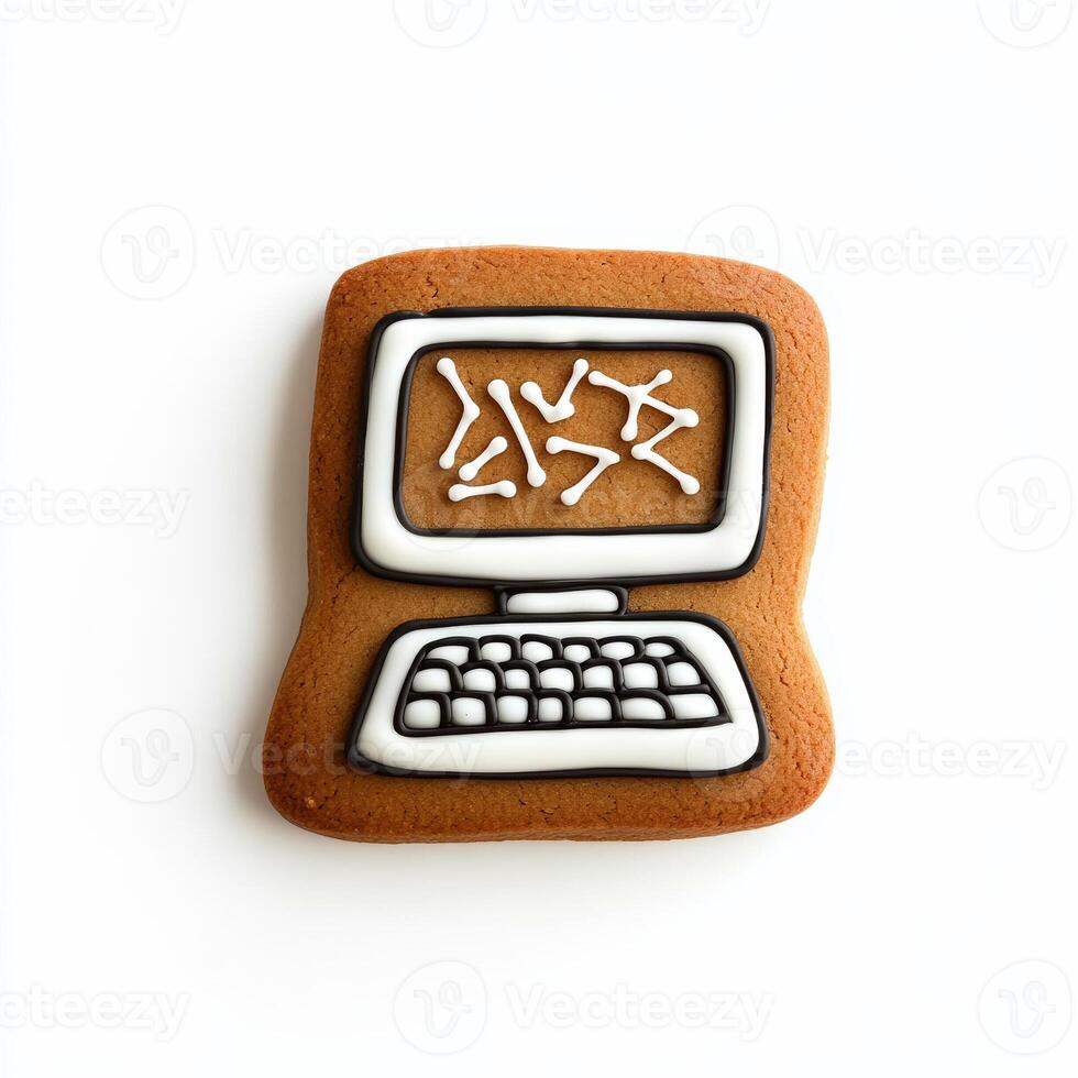 Gingerbread cookie shaped like a computer monitor with a keyboard, decorated with playful icing designs, isolated on white, top view photo
