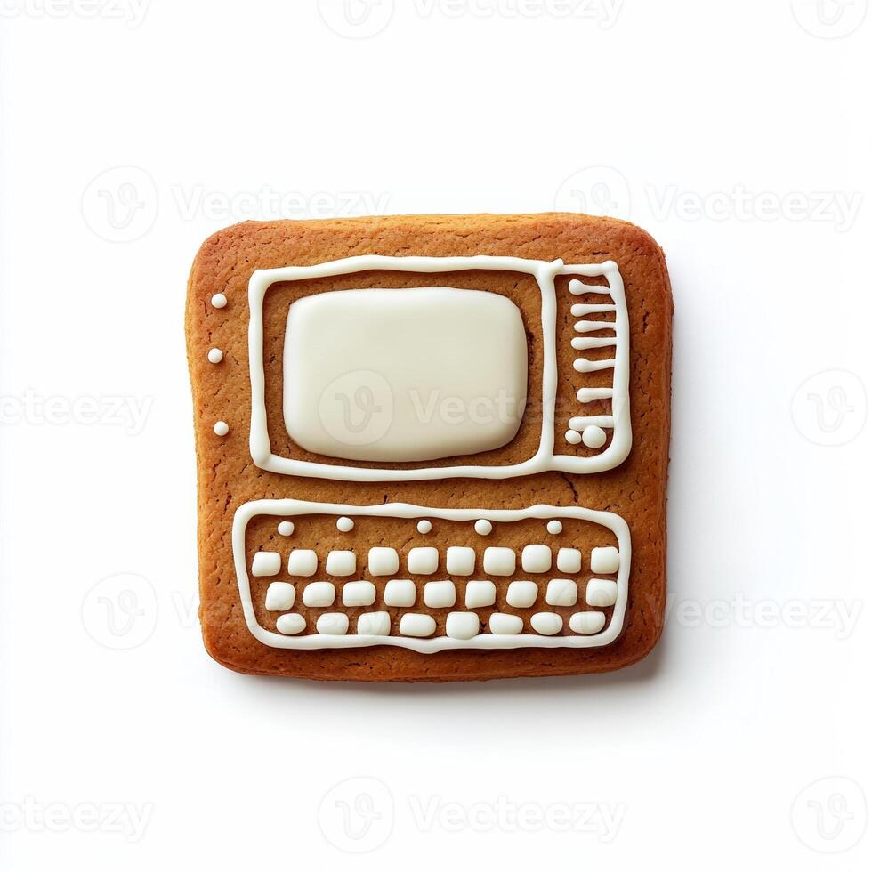 Gingerbread cookie shaped like a computer monitor with a keyboard, decorated with playful icing designs, isolated on white, top view photo