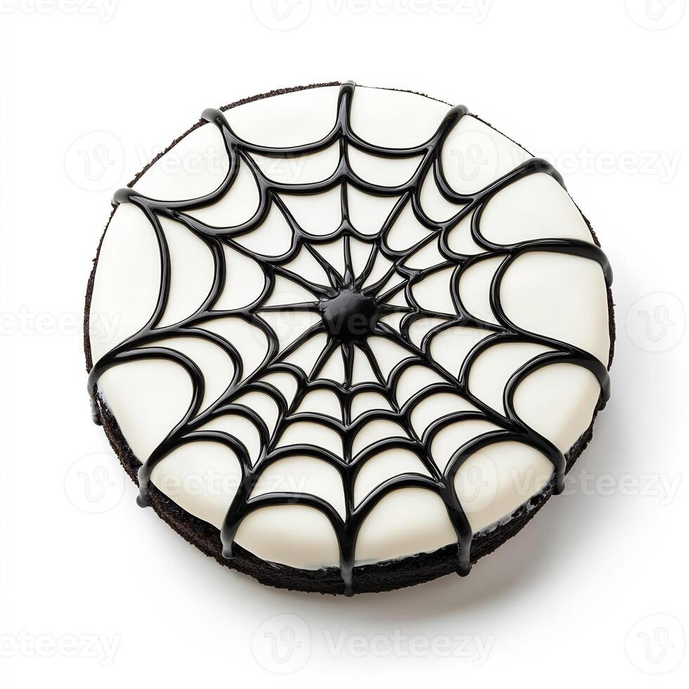 Halloween spider web cake with white frosting and black web design, isolated on white background, top view photo
