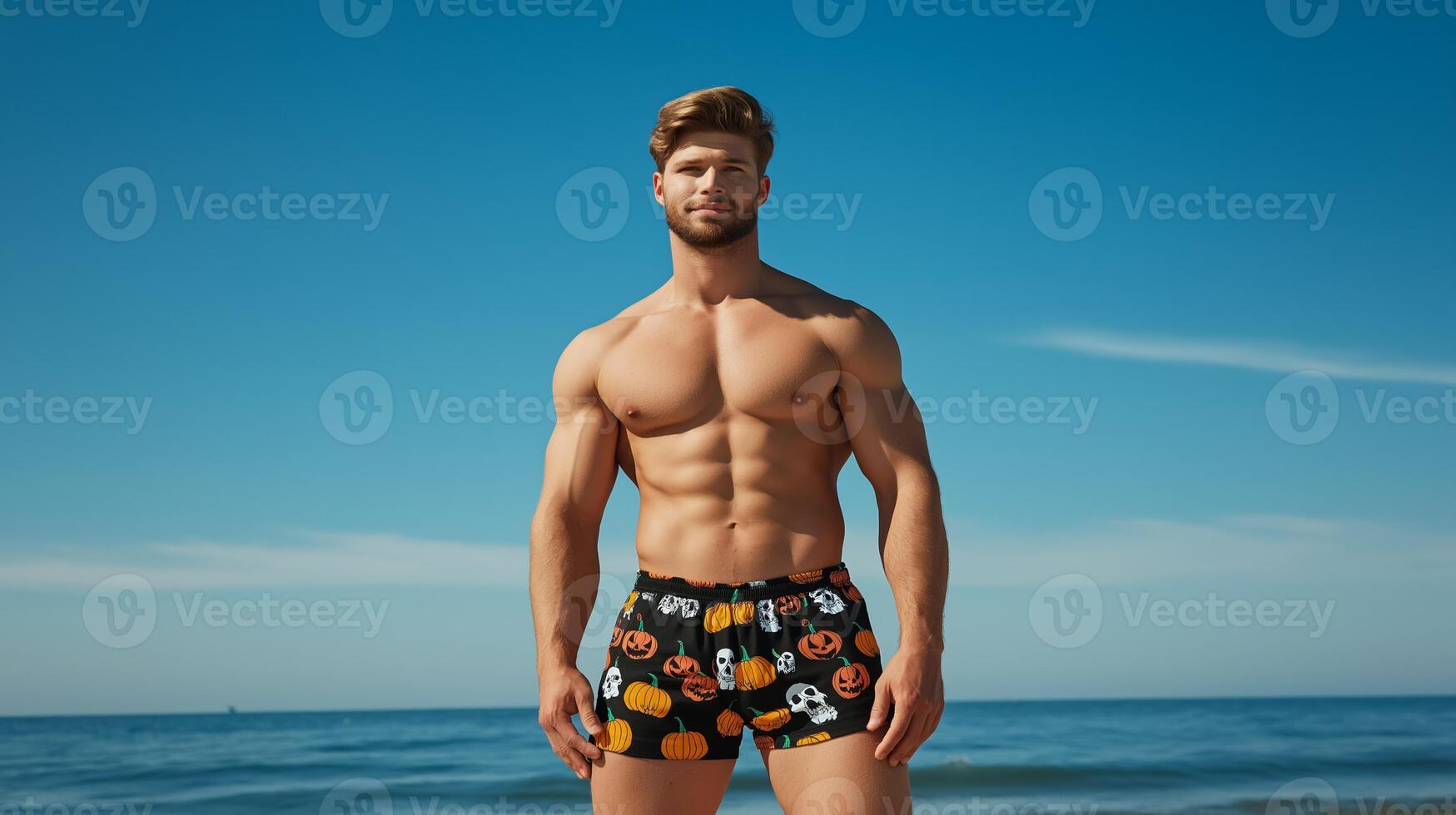 Handsome male model in black swim trunks with Halloween themed patterns like skulls and pumpkins, standing confidently by the beach, wide angle shot photo