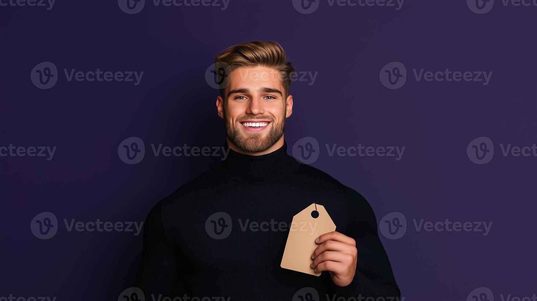 Handsome male model with a charming smile, wearing a black turtleneck, holding a large discount tag, luxury gradient background in dark purple and black, Black Friday theme photo