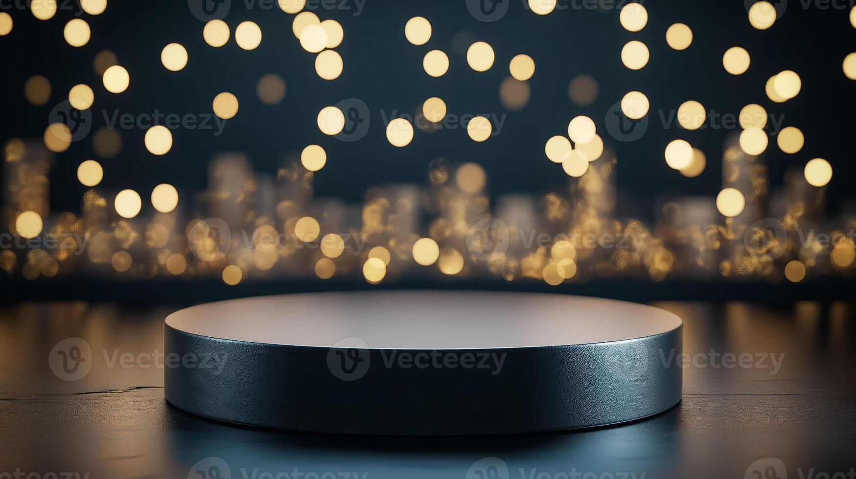 Modern New Year podium with a metallic finish, surrounded by LED lights, glitter, and a futuristic cityscape in the background photo