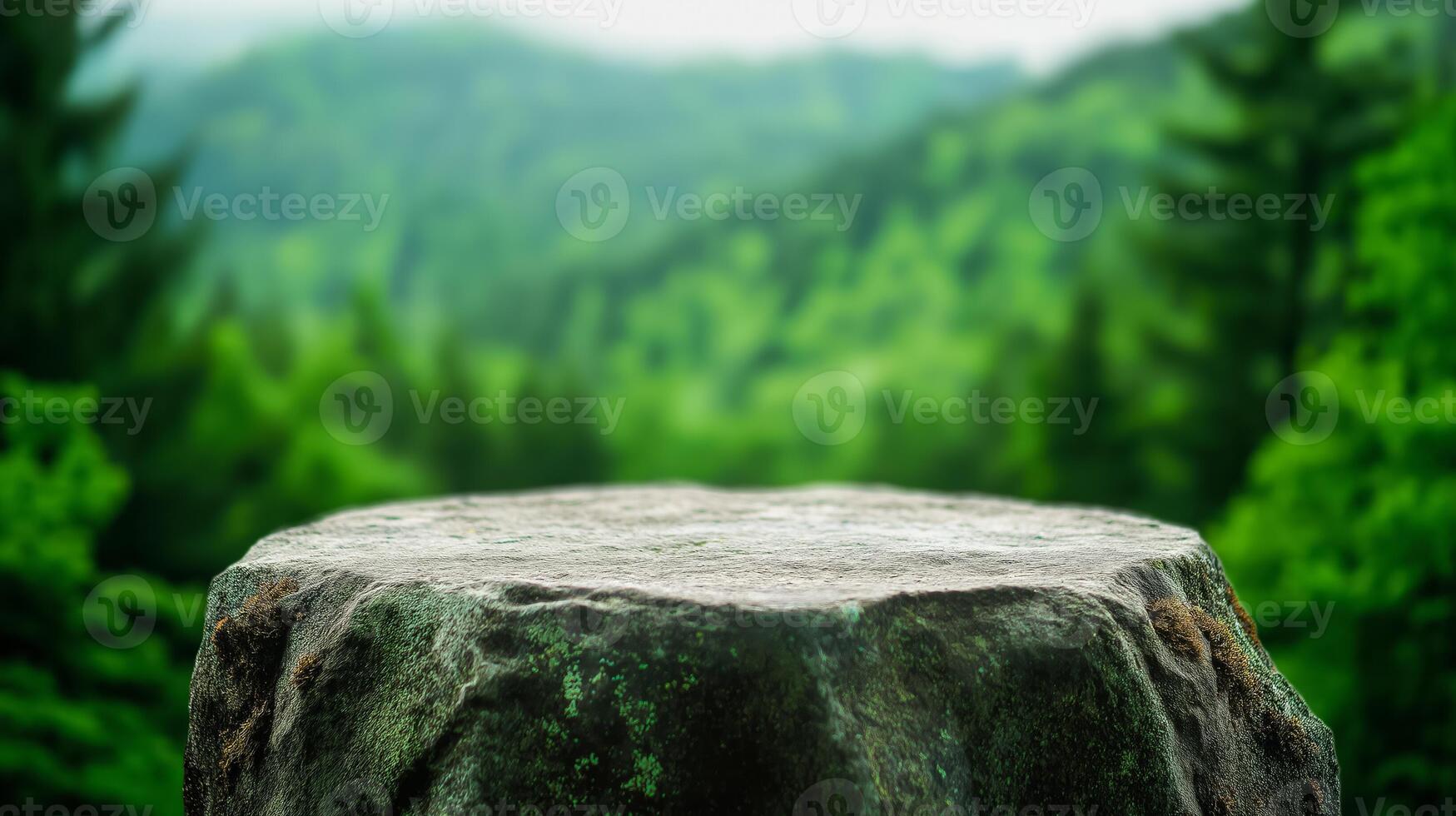 Rock podium on a lichen covered boulder, surrounded by dense greenery and a softly blurred background of forest and hills photo