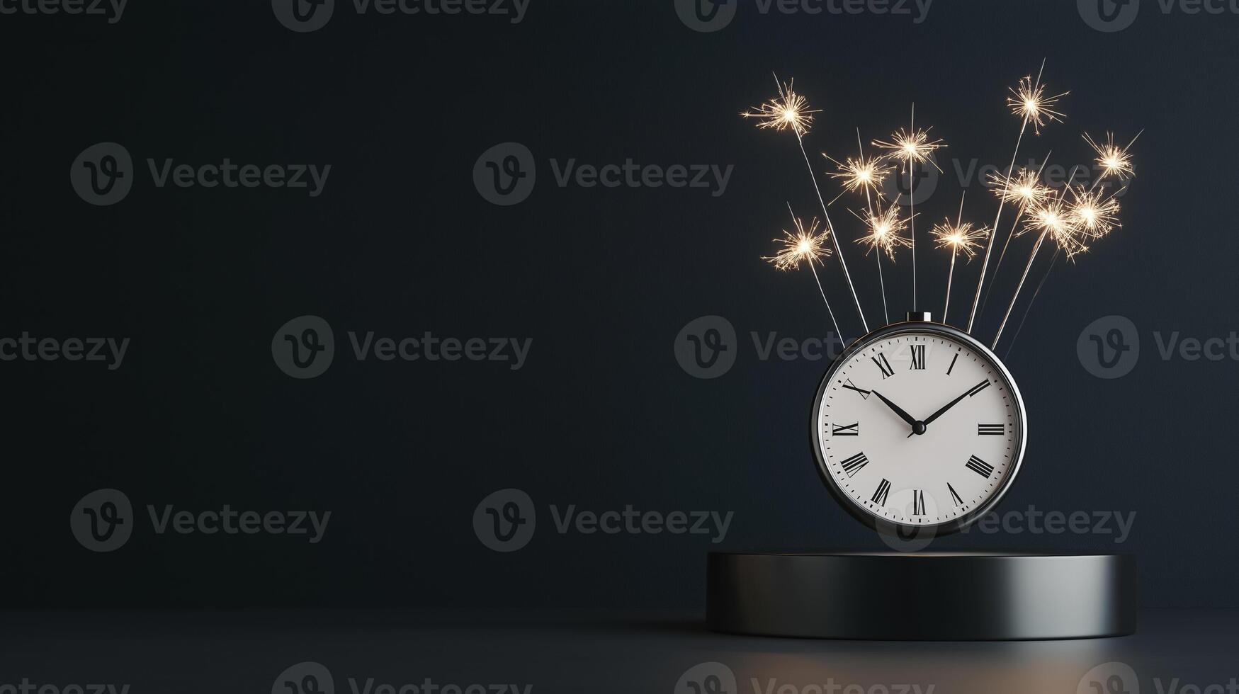 Sleek black New Year pedestal with silver accents, sparklers, and a clock showing midnight, set on a dark gradient background photo