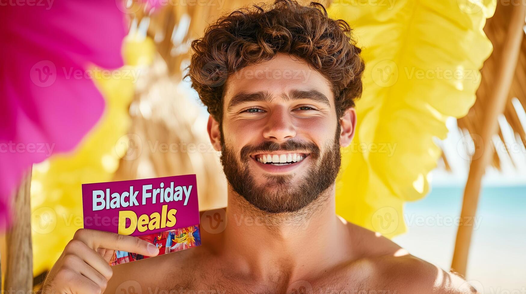 Smiling male model in swim shorts, pointing to a Black Friday Deals sign, isolated on a gradient background, medium shot photo