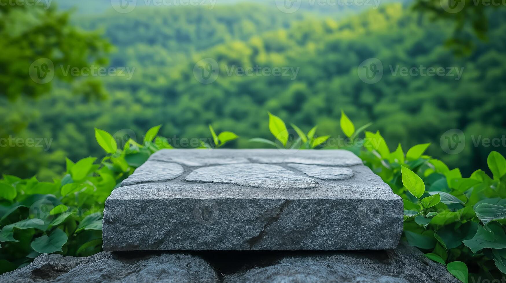 Stone podium on a rocky surface, surrounded by dense greenery and a softly blurred background of forest and hills photo