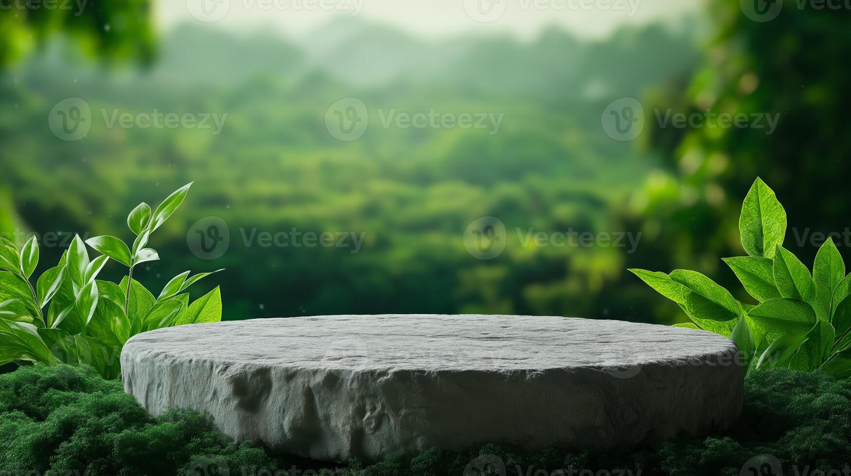 Stone podium on a rocky surface, surrounded by dense greenery and a softly blurred background of forest and hills photo