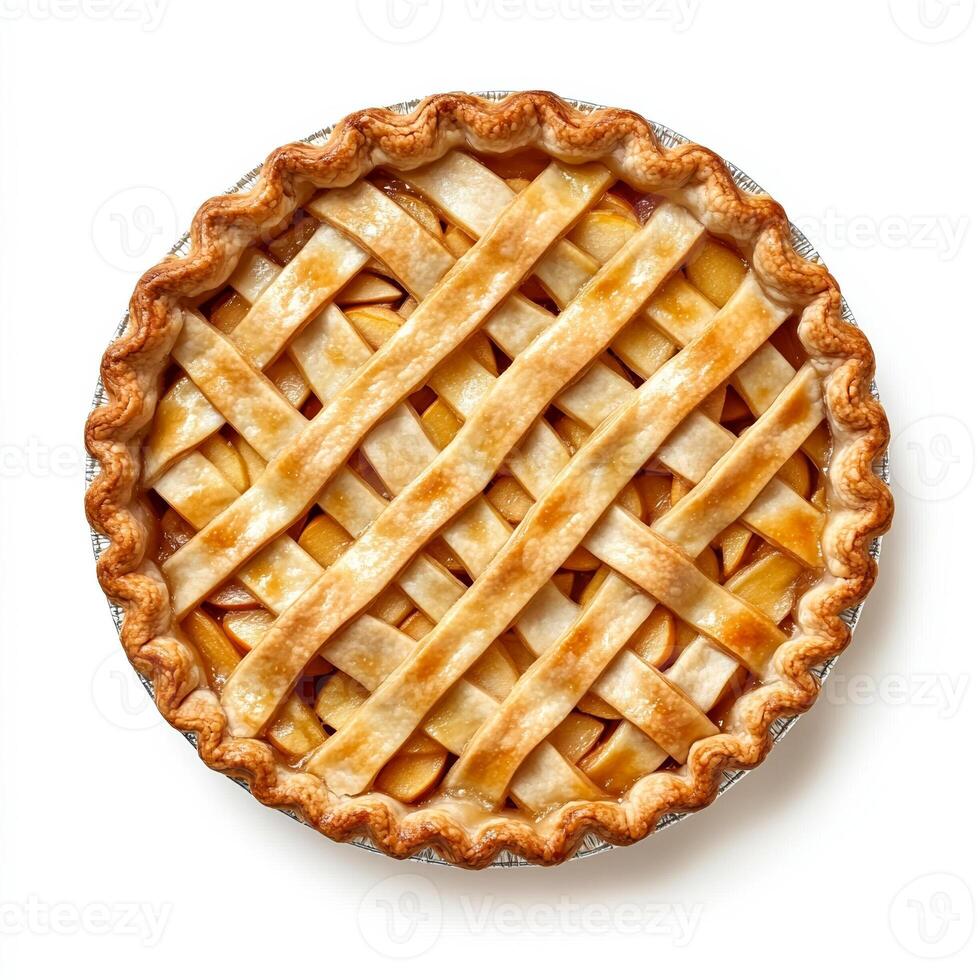 Thanksgiving apple pie with lattice crust, isolated on white background, top view photo