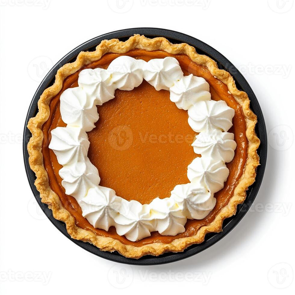 Traditional Halloween pumpkin pie with whipped cream on top, isolated on white background, top view photo