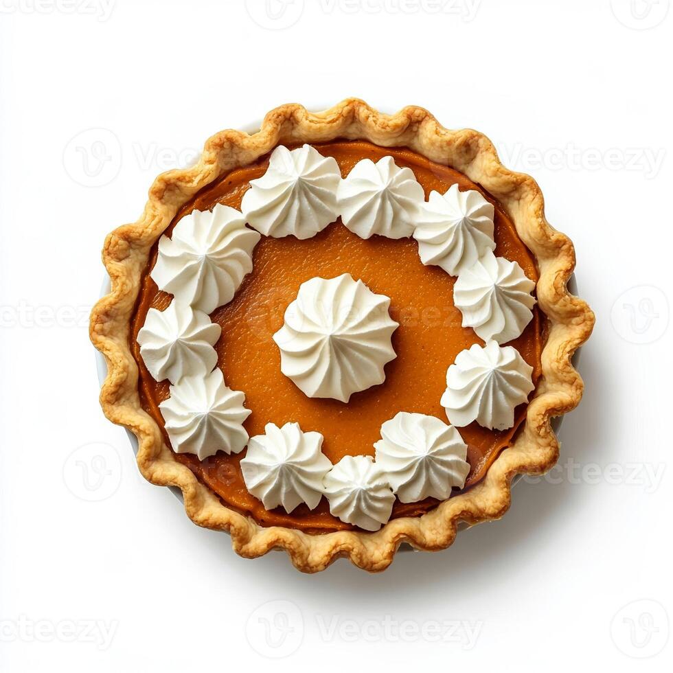 Traditional Halloween pumpkin pie with whipped cream on top, isolated on white background, top view photo