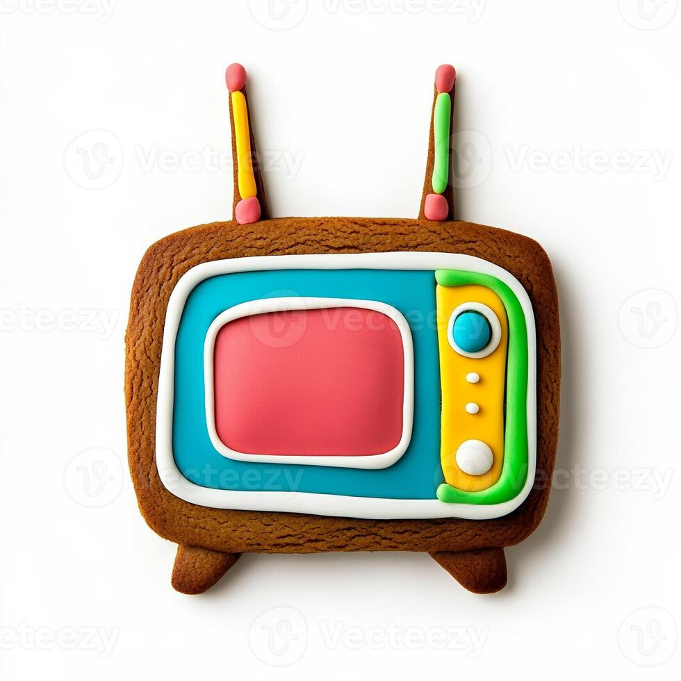 Unusual gingerbread cookie shaped like a retro TV set with antennas, decorated with colorful icing, isolated on white, top view photo