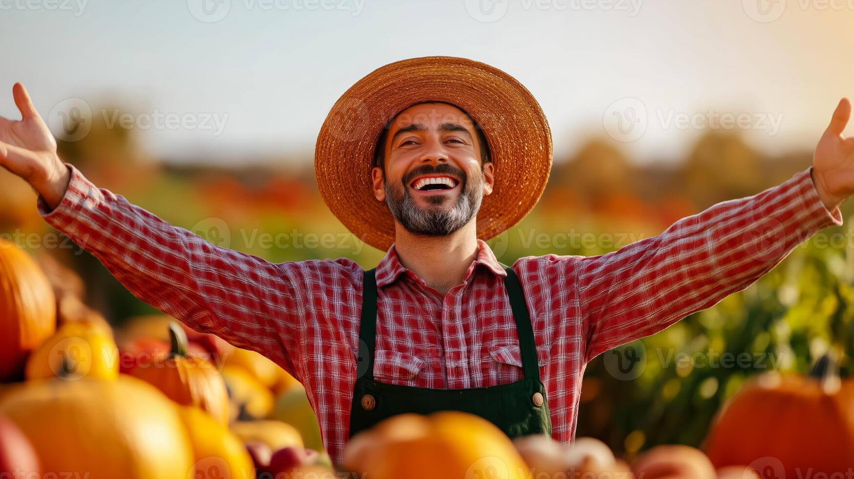 A happy farmer standing with arms outstretched welcoming customers to an autumn market stall colorful pumpkins gourds and apples all around golden autumn sunlight photo