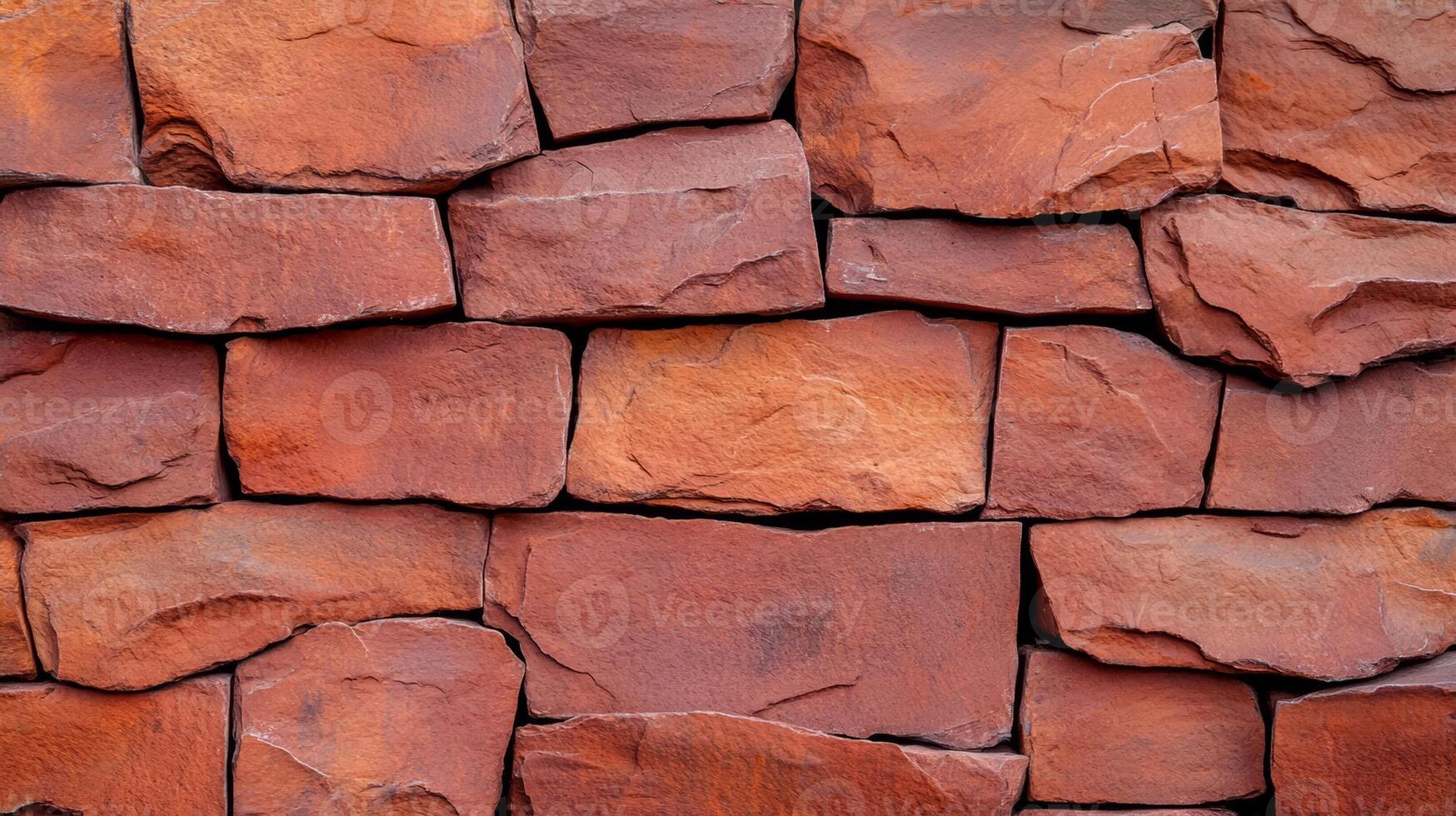 Angled closeup of a rough brick wall painted in burnt orange texture highlighting brick seams and minor surface flaws giving a warm and rustic appeal photo
