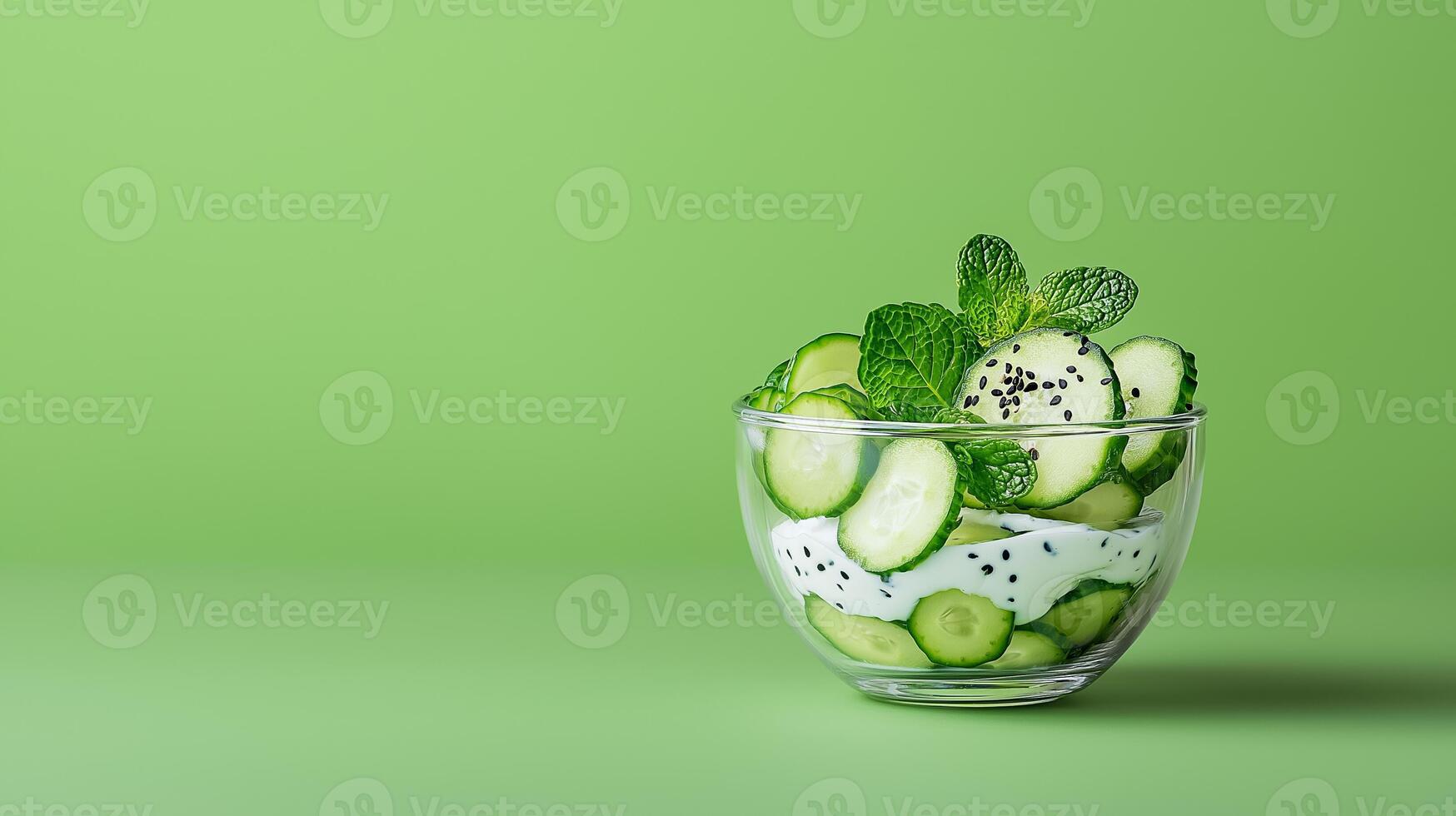 Close up of cucumber salad in a glass bowl with yogurt dressing sprinkled with black sesame seeds and fresh mint leaves isolated on a pastel green background photo