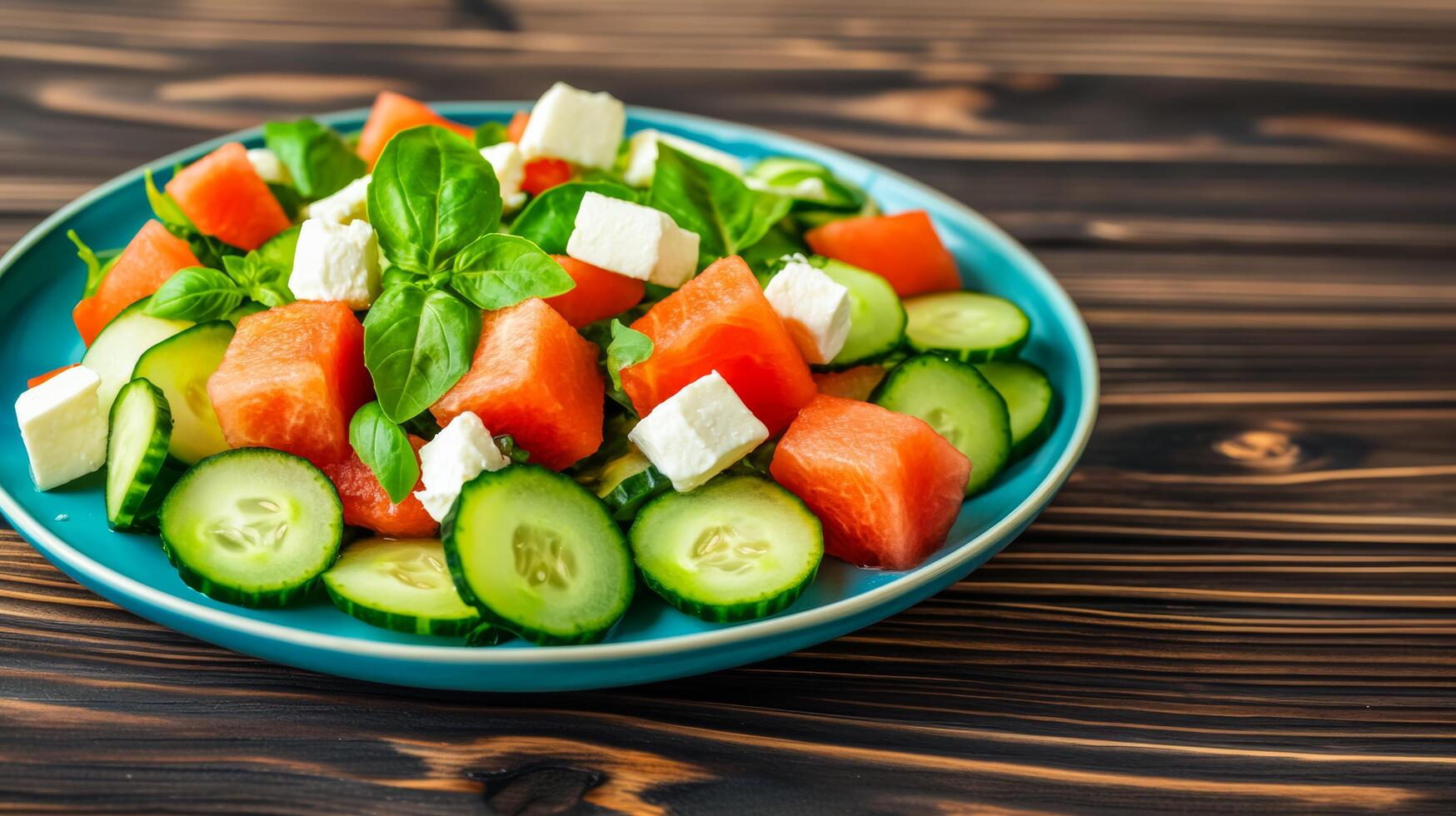 Cucumber salad with thinly sliced cucumbers watermelon cubes and feta cheese crumbles on a turquoise ceramic plate with a rustic wooden background photo