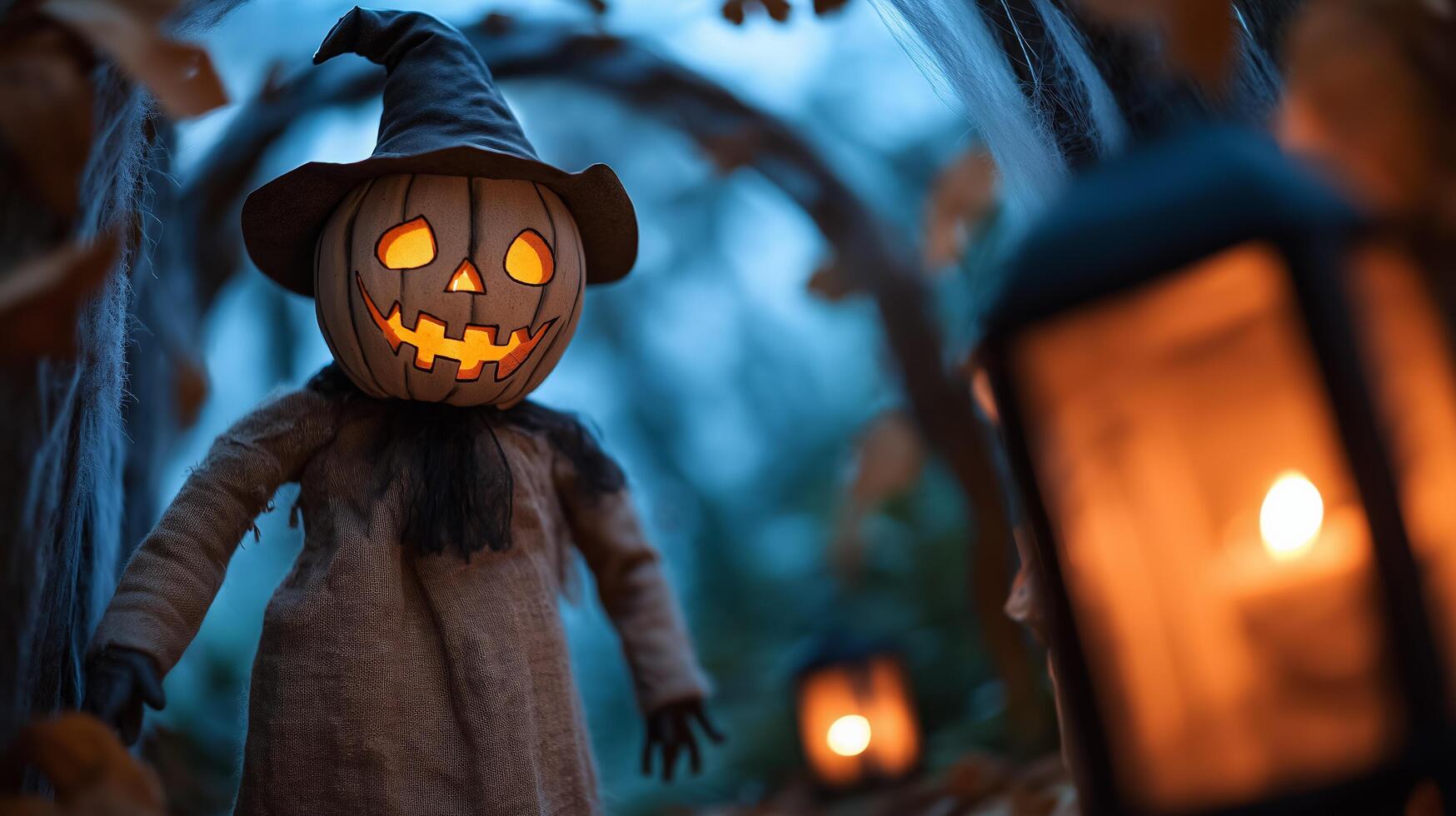 Eerie Halloween garden archway covered in cobwebs lanterns flickering dimly dead leaves scattered around with a creepy scarecrow standing guard photo