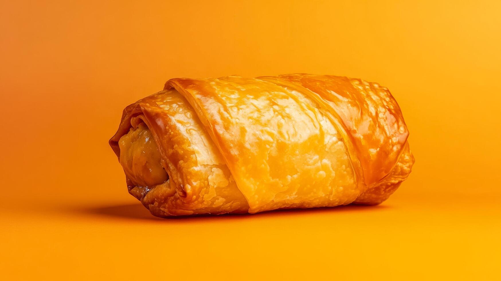 Isolated image of a single cheeseburger egg roll with a glossy golden brown crust centered on a gradient background transitioning from light to dark photo