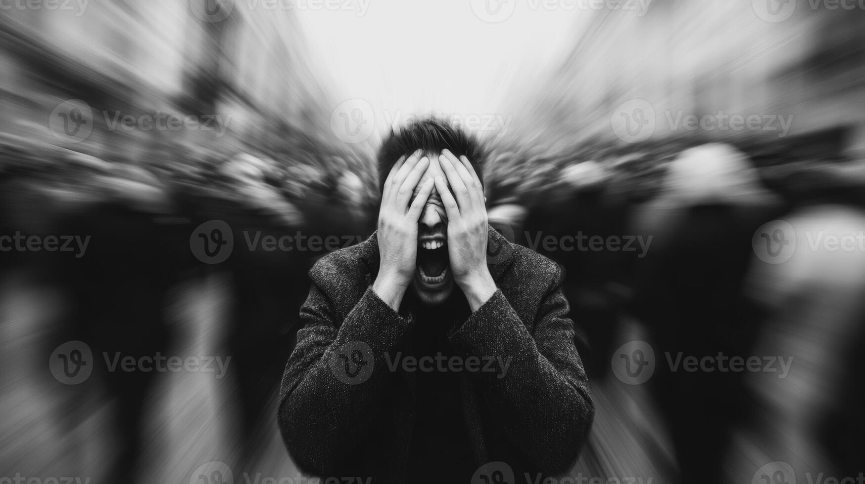 A person clutching their head in panic surrounded by a bustling crowd their figure in sharp focus while the crowd is motion blurred photo