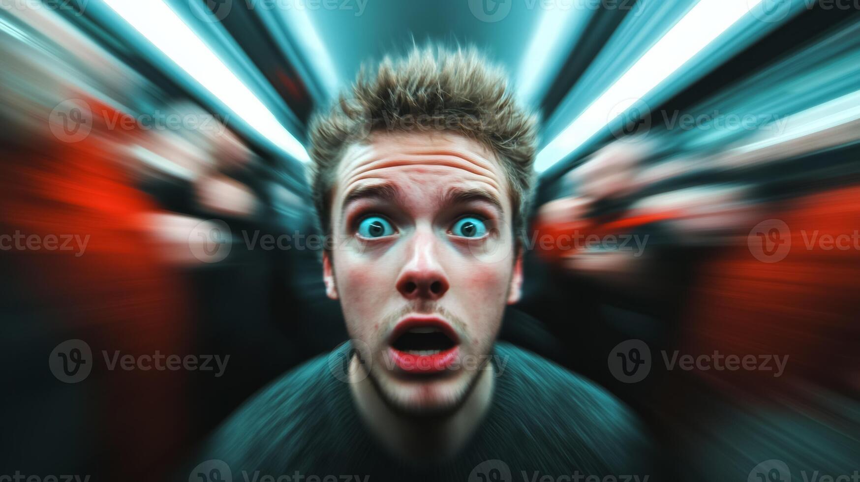 A person being jostled in a crowded space expression of panic with motion blur on the crowd to emphasize the chaos and fear photo