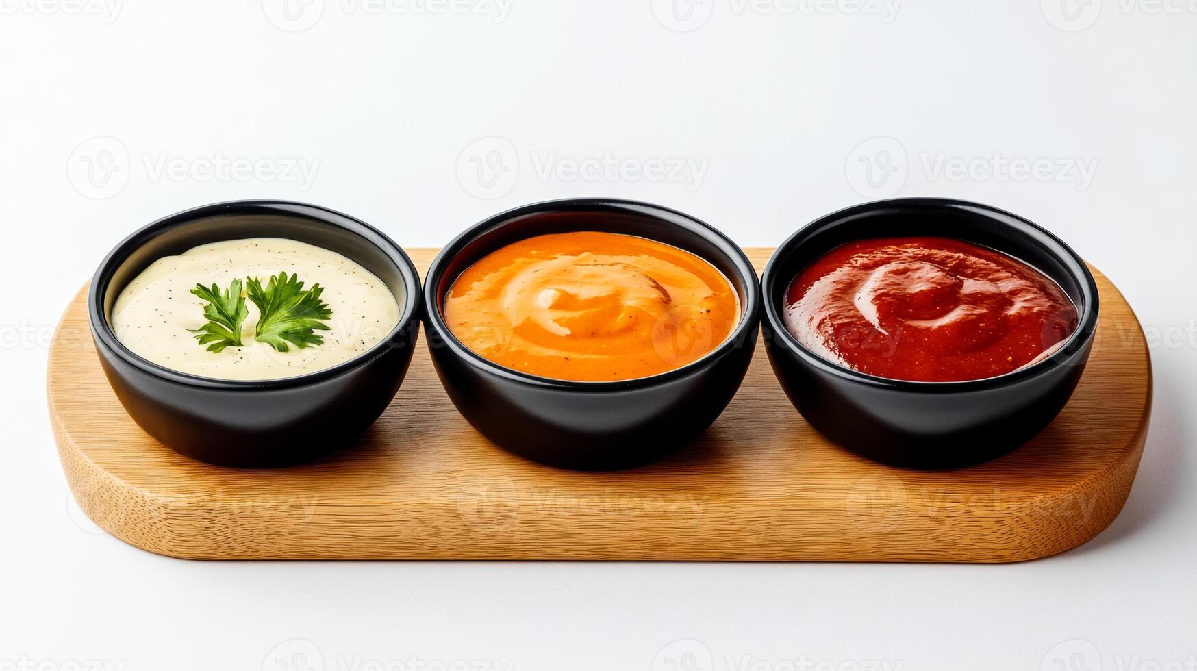 A trio of dipping bowls filled with ranch barbecue and honey mustard sauces arranged neatly on a wooden serving tray photo