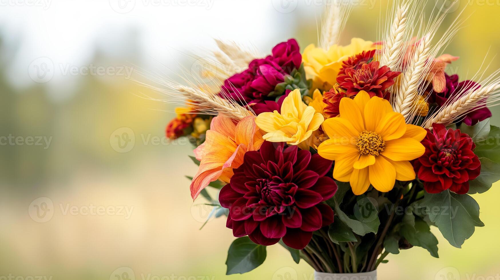 Close up of a delicate autumn bouquet with deep red dahlias orange lilies and yellow sunflowers accented with dried wheat stalks isolated on a soft gradient background photo