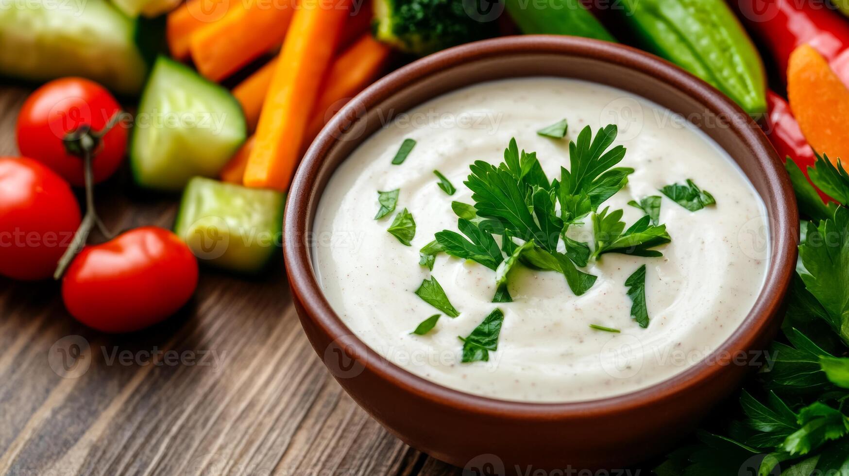 Close up of a bowl filled with rich creamy ranch sauce garnished with fresh herbs surrounded by crispy vegetables on a rustic wooden table photo