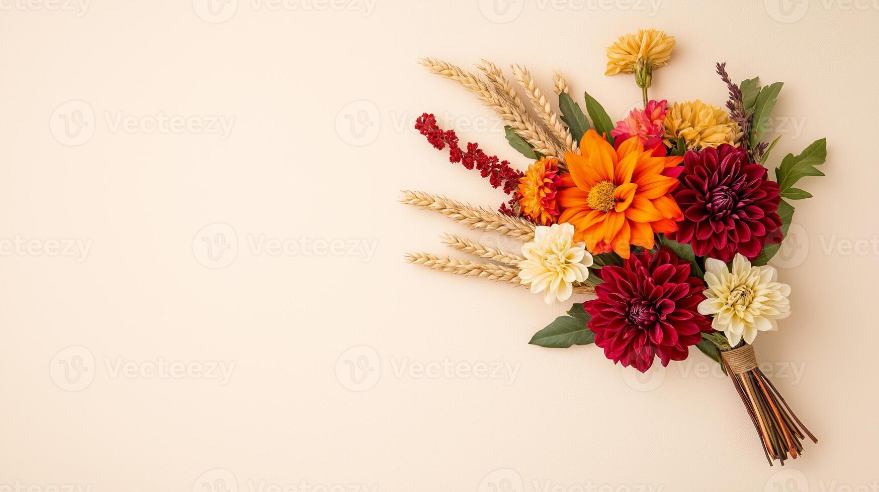 Close up of a delicate autumn bouquet with deep red dahlias orange lilies and yellow sunflowers accented with dried wheat stalks isolated on a soft gradient background photo