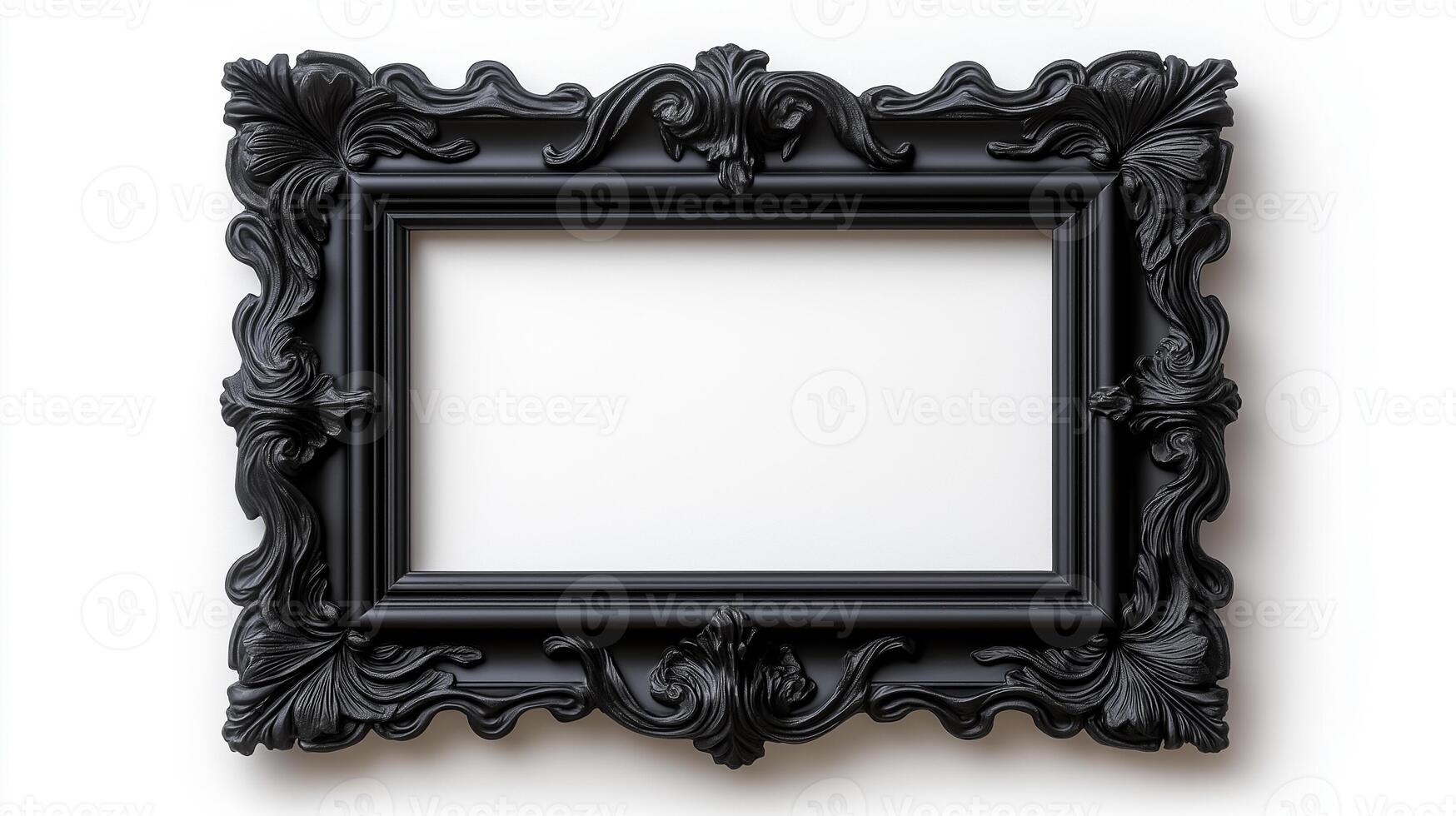 Overhead shot of a gothic picture frame with creepy designs like gargoyles and twisted branches finished in a matte black isolated on a white background photo