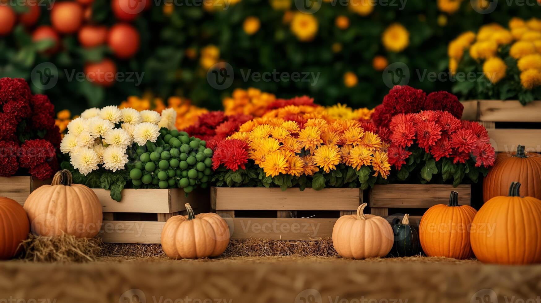 A charming autumn market stall with a variety of gourds pumpkins and seasonal flowers rich oranges and yellows with a backdrop of hay bales and wooden crates photo