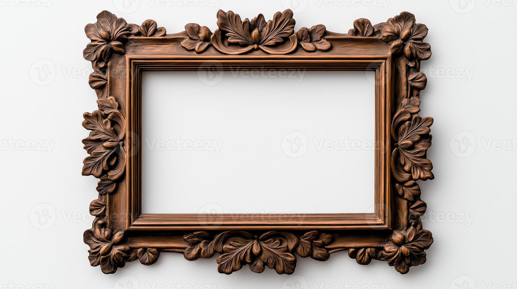 Close up of a vintage square picture frame with detailed floral engravings and a bronze finish isolated on a white background with a subtle shadow effect photo
